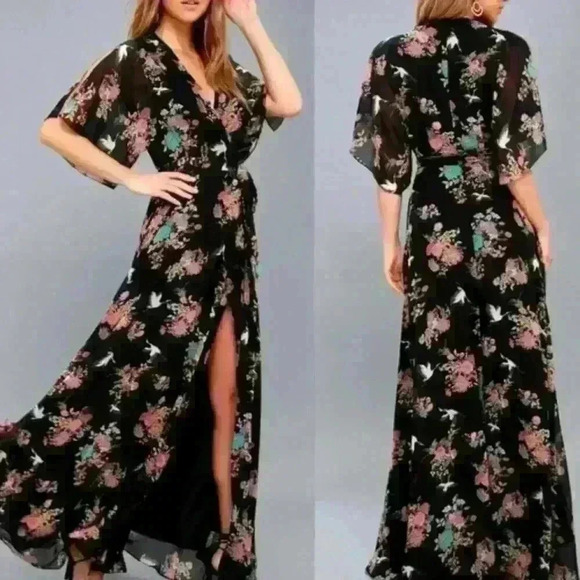 Lulus Sweet Bouquet Black Floral Print Wrap Maxi Dress Size Small - Picture 1 of 12